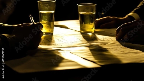 Fototapeta Hands with Glasses of Beer Collaborating Over Blueprints at Night