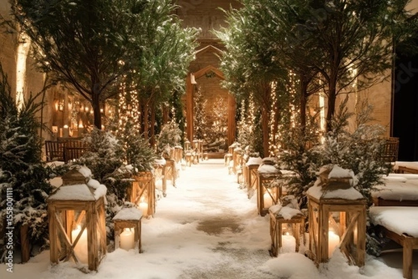 Fototapeta Winter Wonderland Pathway with Lights and Lanterns Surrounded by Trees