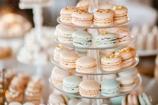 Fototapeta Elegant Display of Colorful Macarons on a Three-Tier Stand