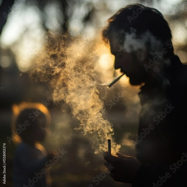 Fototapeta Thoughtful Moment with Smoke and Child in Soft Golden Light
