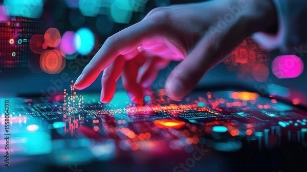 Fototapeta Futuristic hand interacting with digital interface.