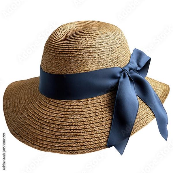 Fototapeta Elegant straw sun hat with a wide brim and a navy blue satin ribbon tied in a bow isolated on transparent background