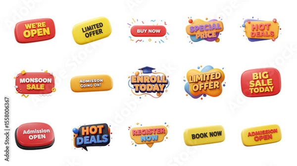 Fototapeta 3D illustration shopping marketing Signs callouts, Promotional Sale Banner tag label cta button design png callout button buy now, sale, enroll now, limited offer, join, admission open, register now
