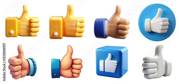 Fototapeta Set of thumbs up png 3d illustration transparent background, social media reaction png, like button, like icon