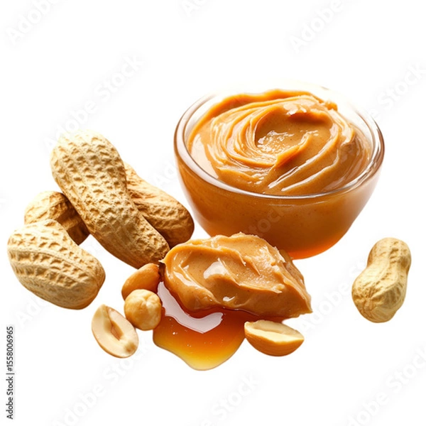 Fototapeta Peanut Butter Spread with Raw Peanuts – White Background Photo

