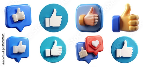 Fototapeta Set of thumbs up png 3d illustration transparent background, social media reaction png, like button, like icon