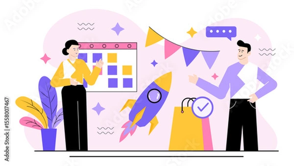 Fototapeta Two people strategically plan a product launch event using a calendar, ideal for marketing and businessrelated concepts and designs.
