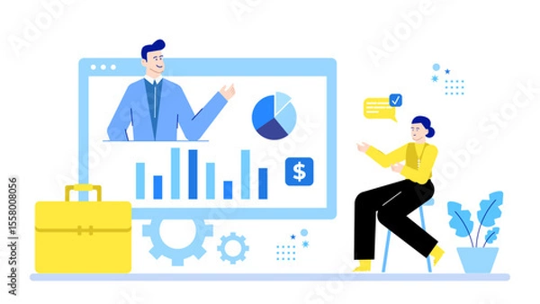 Fototapeta Online meeting displaying business graphs and charts for presentation. Suitable for digital marketing concepts or financial reports presentations.