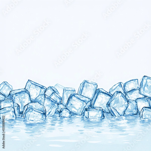 Fototapeta Ice cube background, drink, ice cube texture, feel the freshness and coolness of water from ice cubes, ice cubes on blue, Melting piece of ice on a white background with reflection.Generative ai