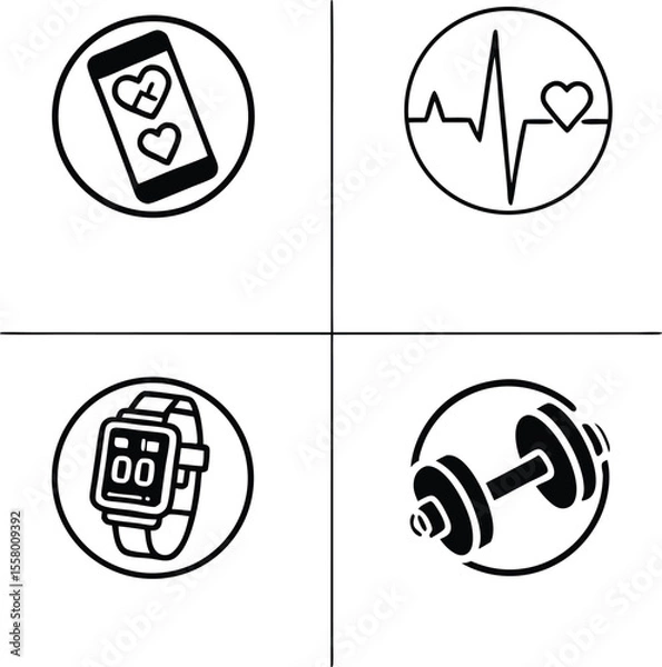 Obraz "Minimal Health and Workout Line Icons – Fitness Tracker, Heart Rate, Dumbbell, Mobile Health App"

