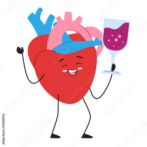 Obraz Heart drinking red wine character adorable cute of organ anatomical with facial expression alcohol addiction