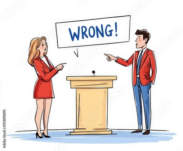 Fototapeta Two people at a debate podium; one points accusingly while large floating text reads "WRONG!"; satirical political comic
