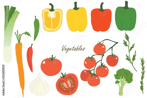 Obraz Set of vegetables colorful of freshly picked summer carrots, radish, tomatoes, broccoli, bell pepper, chillies and beetroot isolated on a white background.