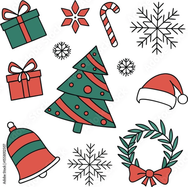 Obraz "Flat Style Christmas Elements Set – Santa Hat, Gift Boxes, Snowflakes, Holiday Tree, Bell, Decorations"

