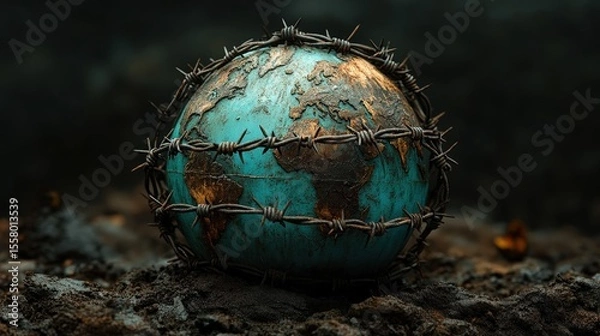 Fototapeta Captured World: Globe Wrapped in Barbed Wire on Dark Earth - Symbol of Global Issues