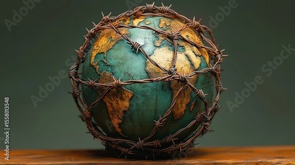 Fototapeta Globe Bound in Barbed Wire: Conceptual Symbol of Global Issues and Constraints