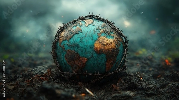Fototapeta Barbed Wire Globe on Wasteland: Conceptual Image of Conflict and Global Crisis
