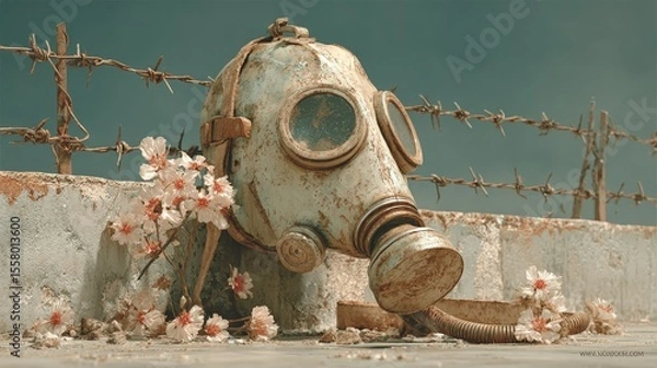 Fototapeta Resilience: Gas Mask and Blossoms in Post-Apocalyptic Setting, Conceptual