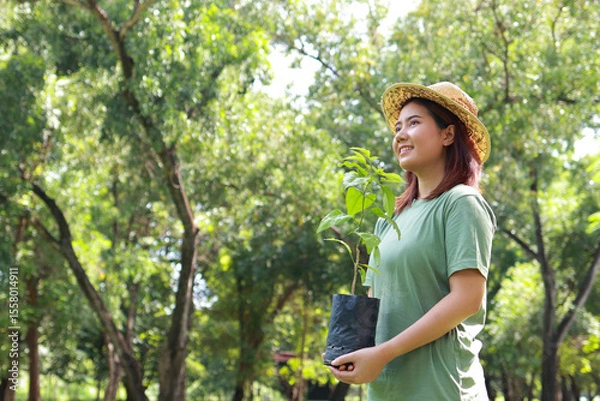 Obraz Asian volunteer woman in green shirt holding a sapling to plant to help conserve the forest. World Environment Day. Save the world. copy space