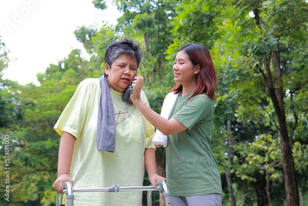 Obraz Daughter takes care of elderly mother walking for exercise using a cane to support her walking while doing physical therapy in an outdoor garden. Health care for the elderly.