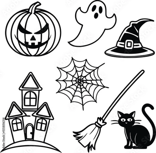 Obraz "Halloween Vector Icon Set – Pumpkin, Ghost, Witch Hat, Haunted House, Spider Web, Broom, Black Cat"

