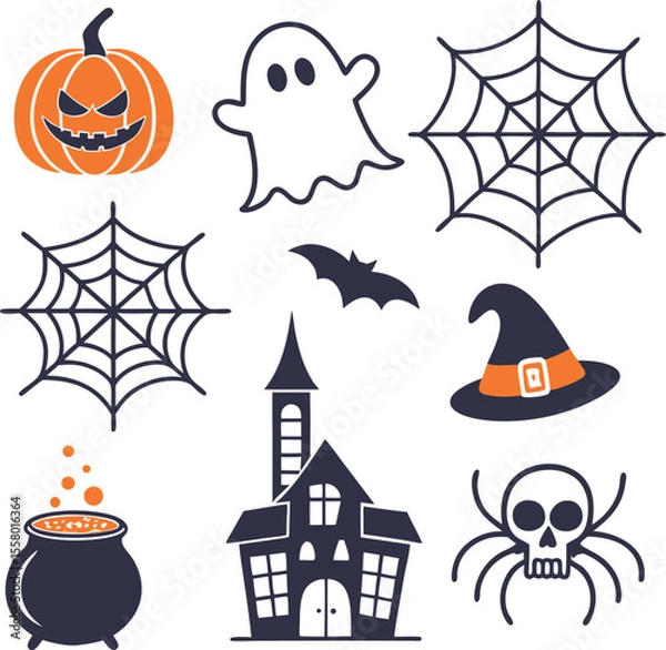 Obraz "Flat Halloween Vector Icons Set – Pumpkin, Ghost, Witch Hat, Haunted House, Cauldron, Spider, Bat, Skull"