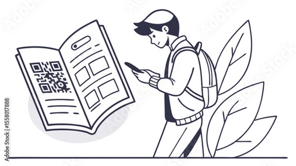 Fototapeta Student scanning QR code in book with smartphone. Digital information access, mobile technology, modern learning, online content.