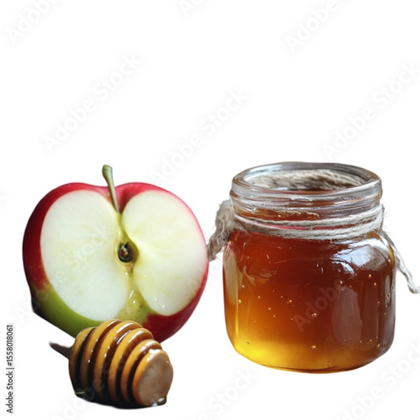 Fototapeta Fresh Apple, Golden Honey, and Pomegranate – White Background Studio Shot. fresh apple with honey, golden honey and pomegranate, apple honey pomegranate trio, white background studio food shot, Rosh

