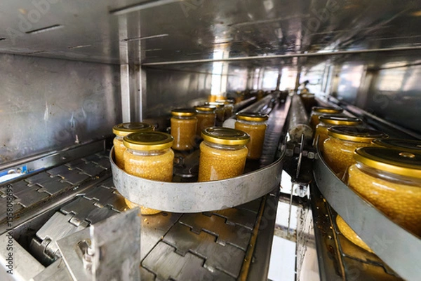 Fototapeta Mustard production process with glass jars on a conveyor belt in a manufacturing facility