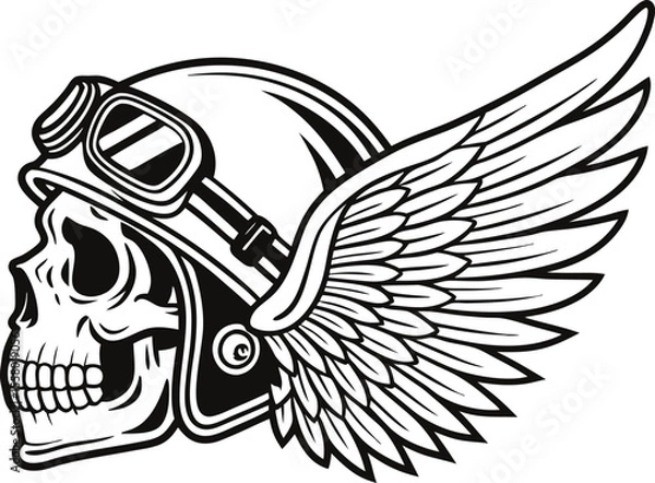 Obraz "Winged Skull with Biker Helmet and Goggles – Vintage Motorcycle Club Vector Illustration"


