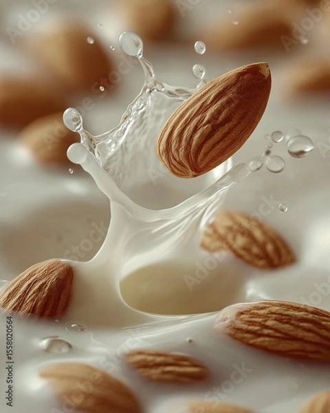 Fototapeta Fresh Almonds Splashing into Creamy Almond Milk in Close-Up Macro Shot.

