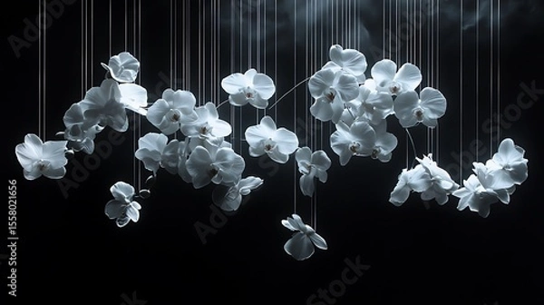 Obraz Elegant white orchids and roses suspended midair with invisible threads, black void background, dramatic spotlight from below, avant-garde concept. Created Using: prime lens, experimental lighting,