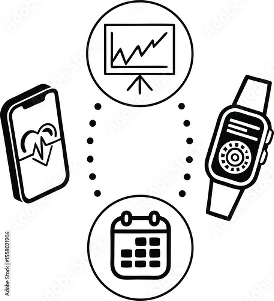 Obraz "Smart Health Technology Icon Set – Mobile Heart Monitor, Fitness Watch, Calendar, Health Data Chart"

