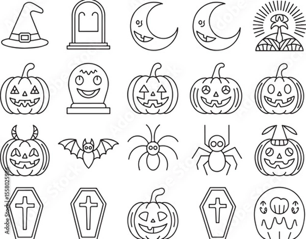 Fototapeta Halloween Outlines Collection Featuring Pumpkins, Bats, Spiders, and More for Spooky Decorations and Creative Designs