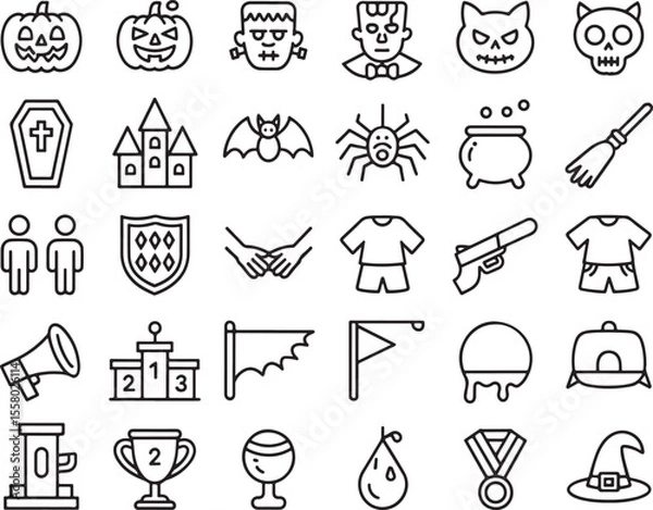 Fototapeta Line Art Depiction of Halloween and Various Competition Elements for Spooky Celebration and Gaming Events