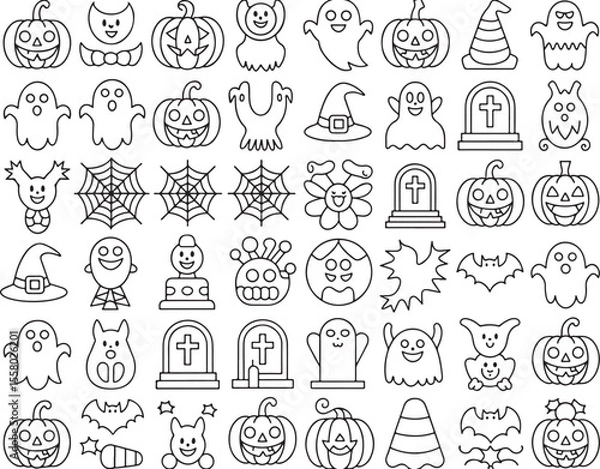 Fototapeta Whimsical Halloween Line Art Pattern Featuring Pumpkins Ghosts Bats and Other Spooky Elements for a Festive Background