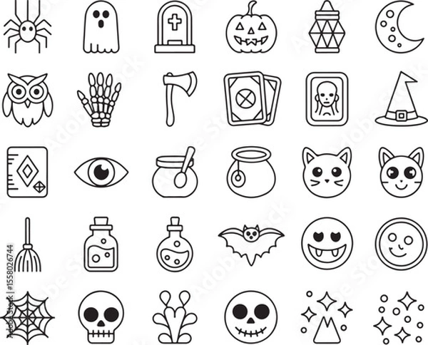 Fototapeta Halloween Line Art Collection Spooky Season Icons for Festive Designs and Creative Projects Featuring Ghosts, Pumpkins, and Witchcraft Elements