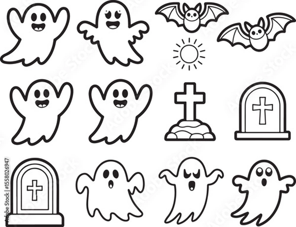 Fototapeta Whimsical Halloween Vector Art Featuring Ghosts, Bats, a Tombstone, and a Sun Graphic