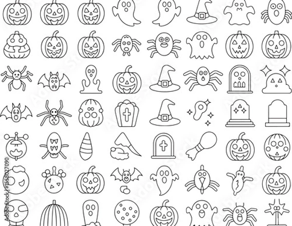 Fototapeta Halloween Extravaganza A Festive Line Art Pattern Overflowing with Spooky Pumpkins Ghosts Bats Spiders and other Eerie Icons