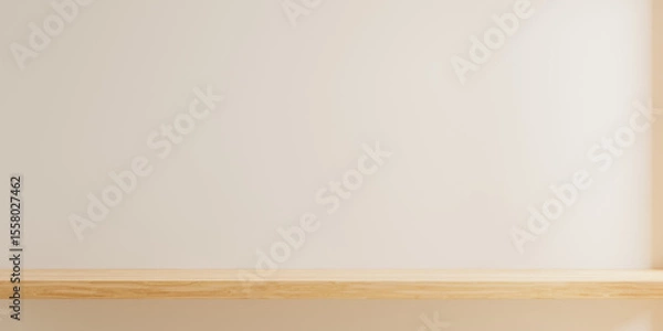 Obraz Minimalist interior featuring a clean wooden shelf against a soft beige wall, illuminated by natural light- 3D rendering