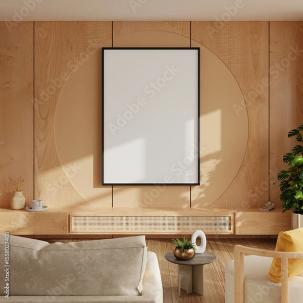 Obraz Stylish and modern living room interior featuring a vertical poster frame on a wooden wall with warm sunlight,Frame mockup- 3D rendering