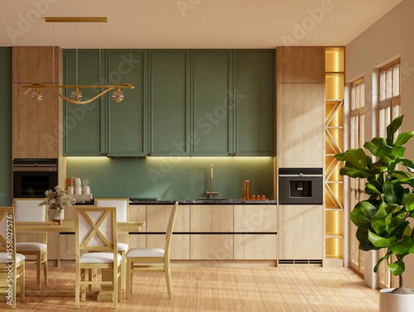 Obraz Contemporary kitchen interior featuring green upper cabinets, light wooden lower cabinets, built-in appliances, and a cozy dining area- 3D rendering