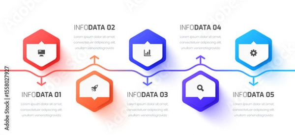 Fototapeta Hexagon Business Infographic Template with Icon and 5 Options for Presentation, Flowchart