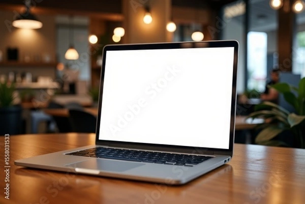 Fototapeta Laptop computer with blank screen on a wooden table in a cafe.