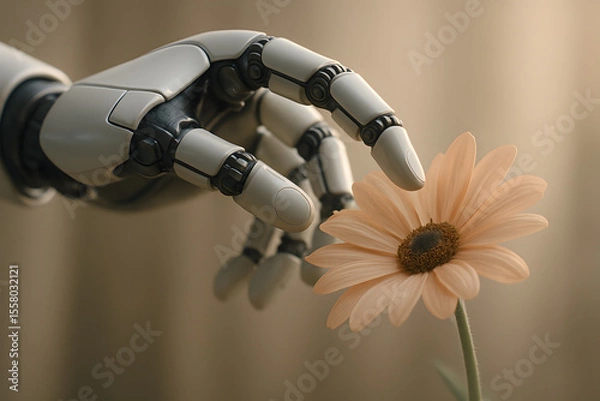 Obraz Robotic Hand Tenderly Touches Flower: An advanced robotic hand delicately interacts with a soft-petaled flower, symbolizing the intersection of technology and the environment.