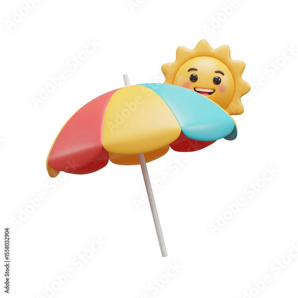 Fototapeta Cheerful 3d sun character peeking over a colorful beach umbrella isolated on transparent background