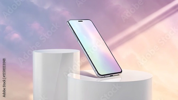 Fototapeta Modern smartphone displayed on white podiums against a soft pastel gradient sky with light flares