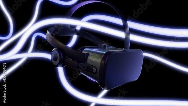 Fototapeta A 3d rendering of Virtual Reality or VR headset against a dark background, which is dramatically contrasted by flowing, glowing neon-like light trails.