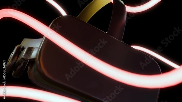 Fototapeta A 3d rendering of Virtual Reality or VR headset against a dark background, which is dramatically contrasted by flowing, glowing neon-like light trails.