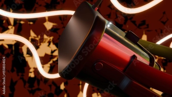 Fototapeta A 3d rendering of Virtual Reality or VR headset against a dark background, which is dramatically contrasted by flowing, glowing neon-like light trails.